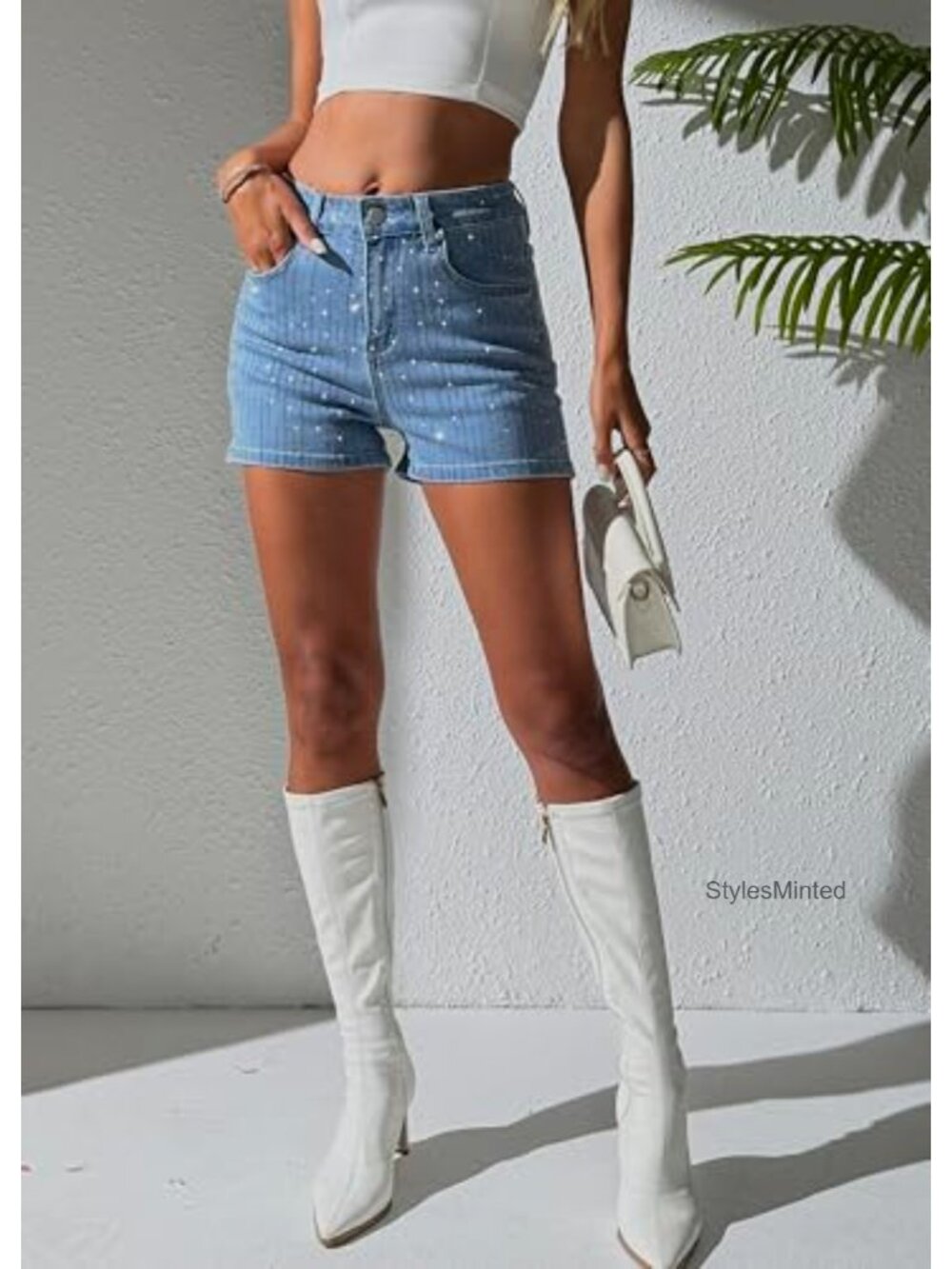 Rhinestone Jean Shorts High Waisted Denim Shorts Sparkle Sequin Glitter Party - Picture 2 of 6